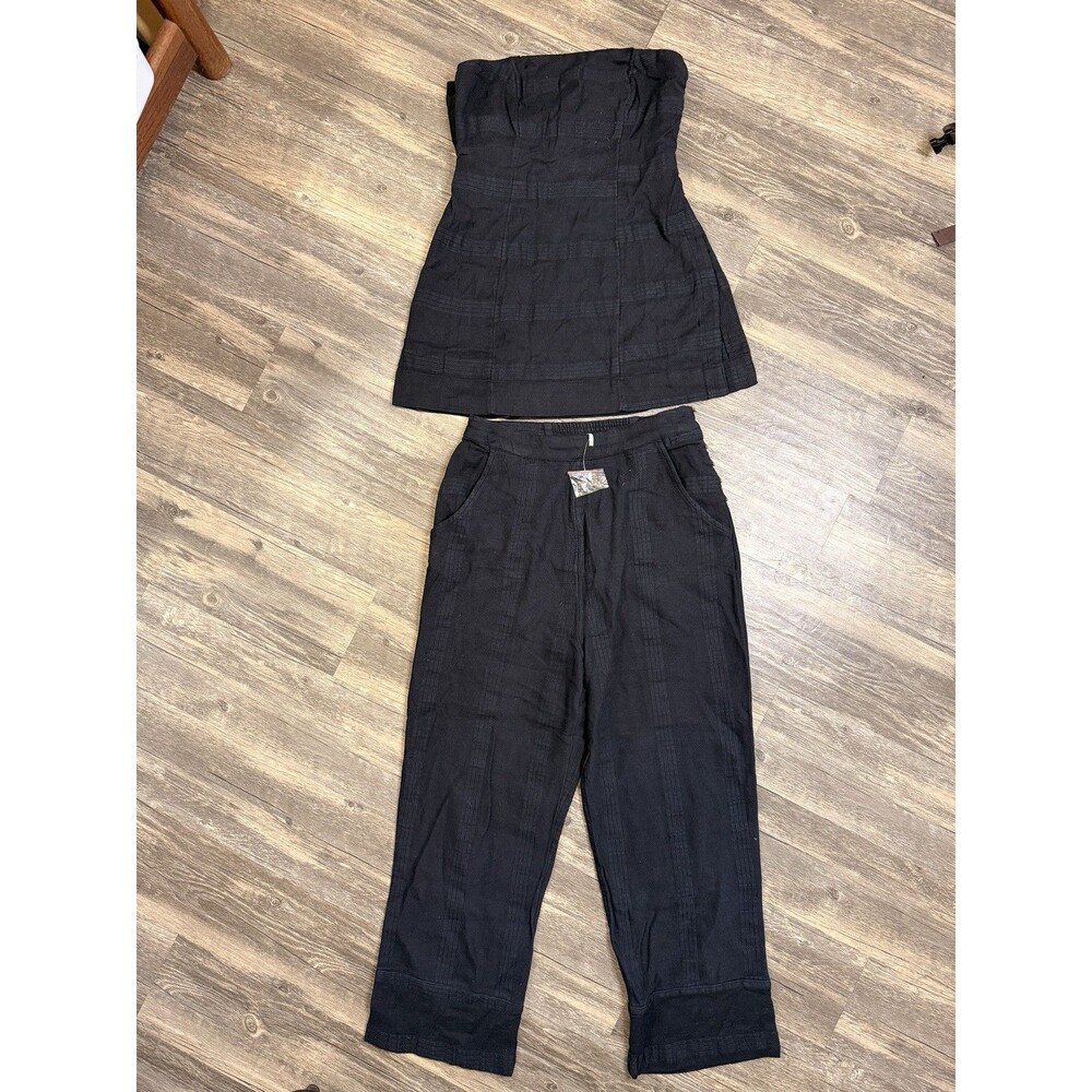 Free People Banita Set Womens S Black Linen Strapless Top Wide Leg Pants Boho